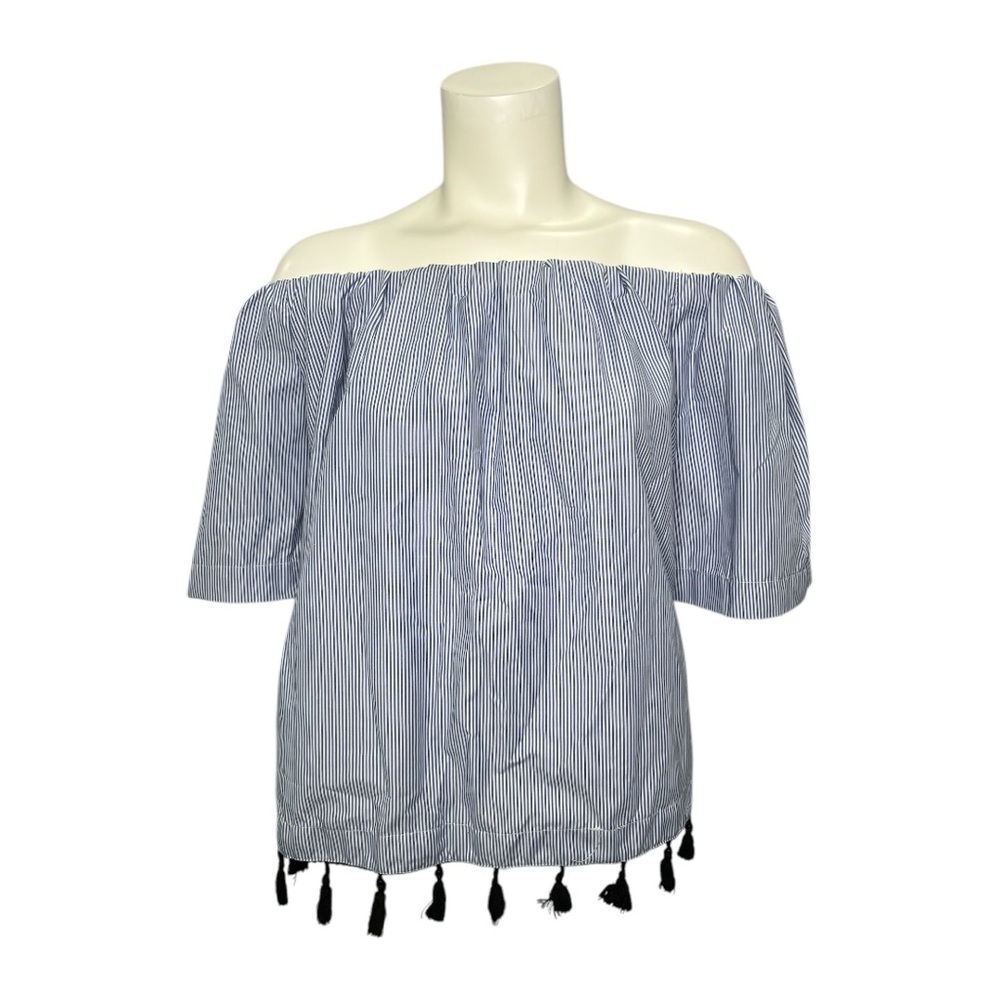 Style Envy Blue White‎ Striped Off-Shoulder Top with Tassels Sz Large NEW